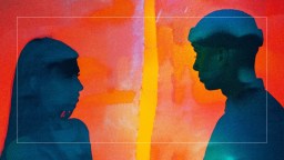 A silhouette of a man and a woman looking at each other.