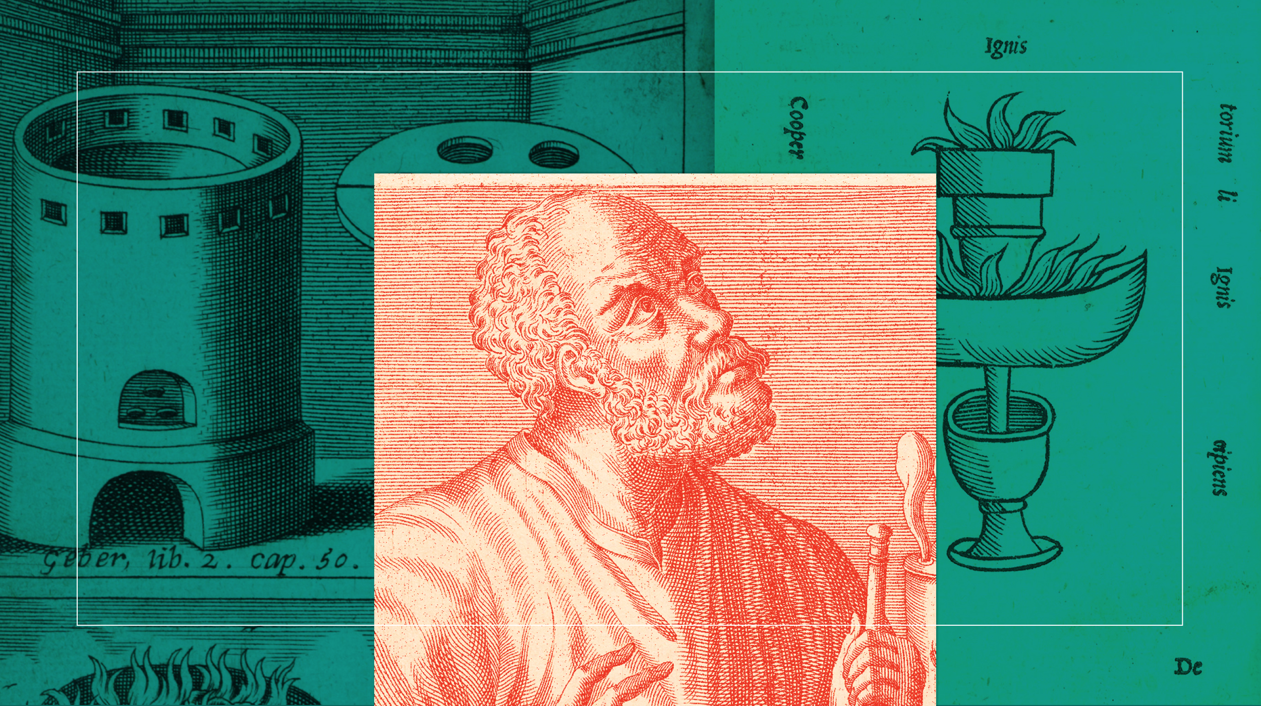 A drawing of a man with a beard and a pot.