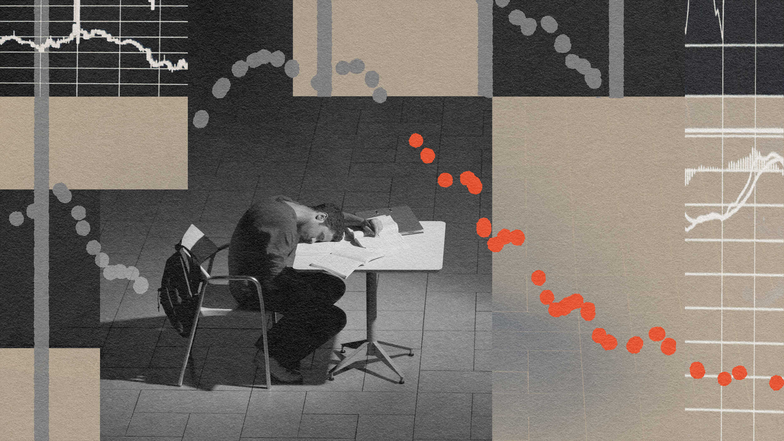 An illustration of an undergraduate man sitting at a desk.