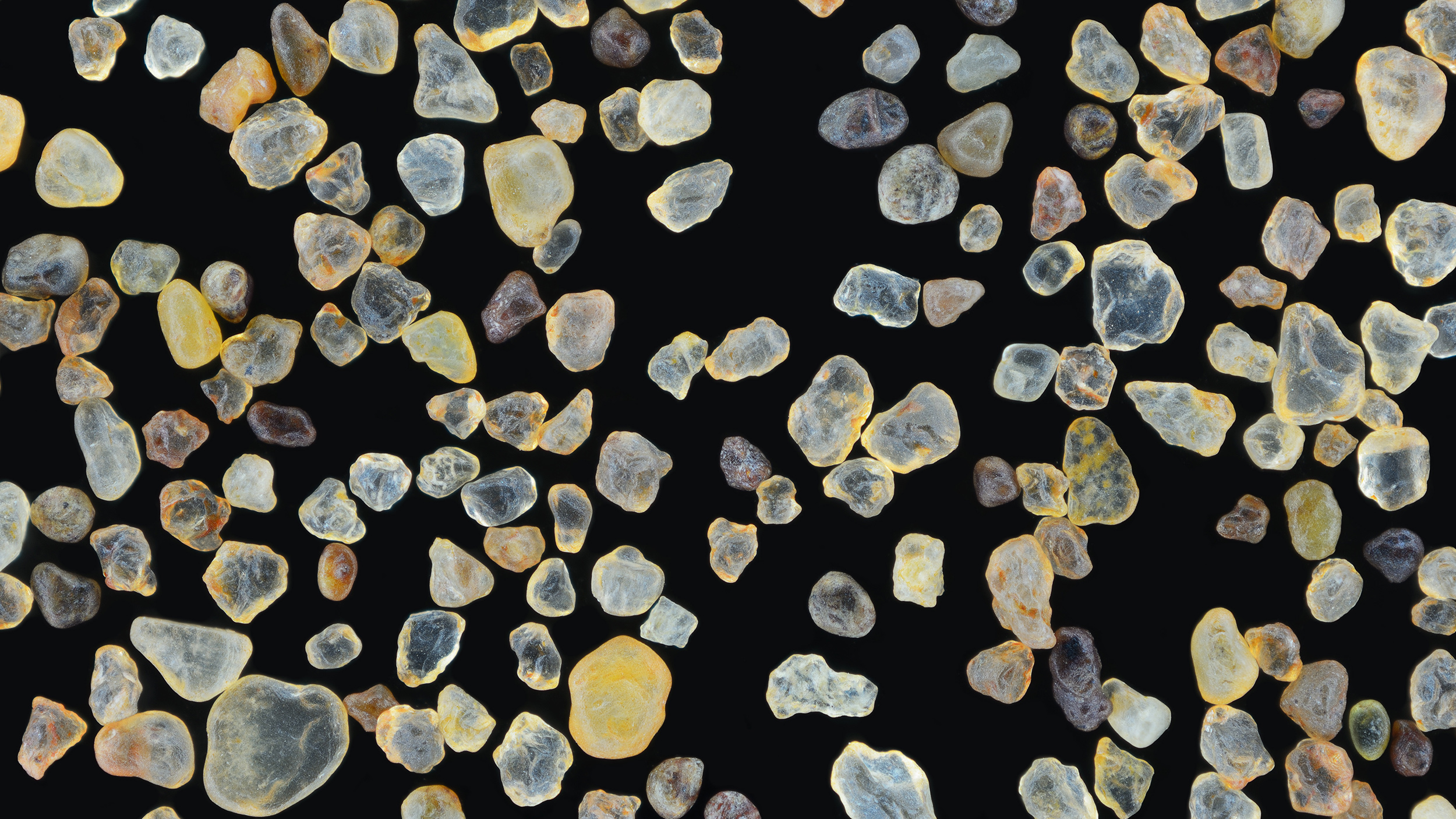 Sunlit pebbles on a black background.